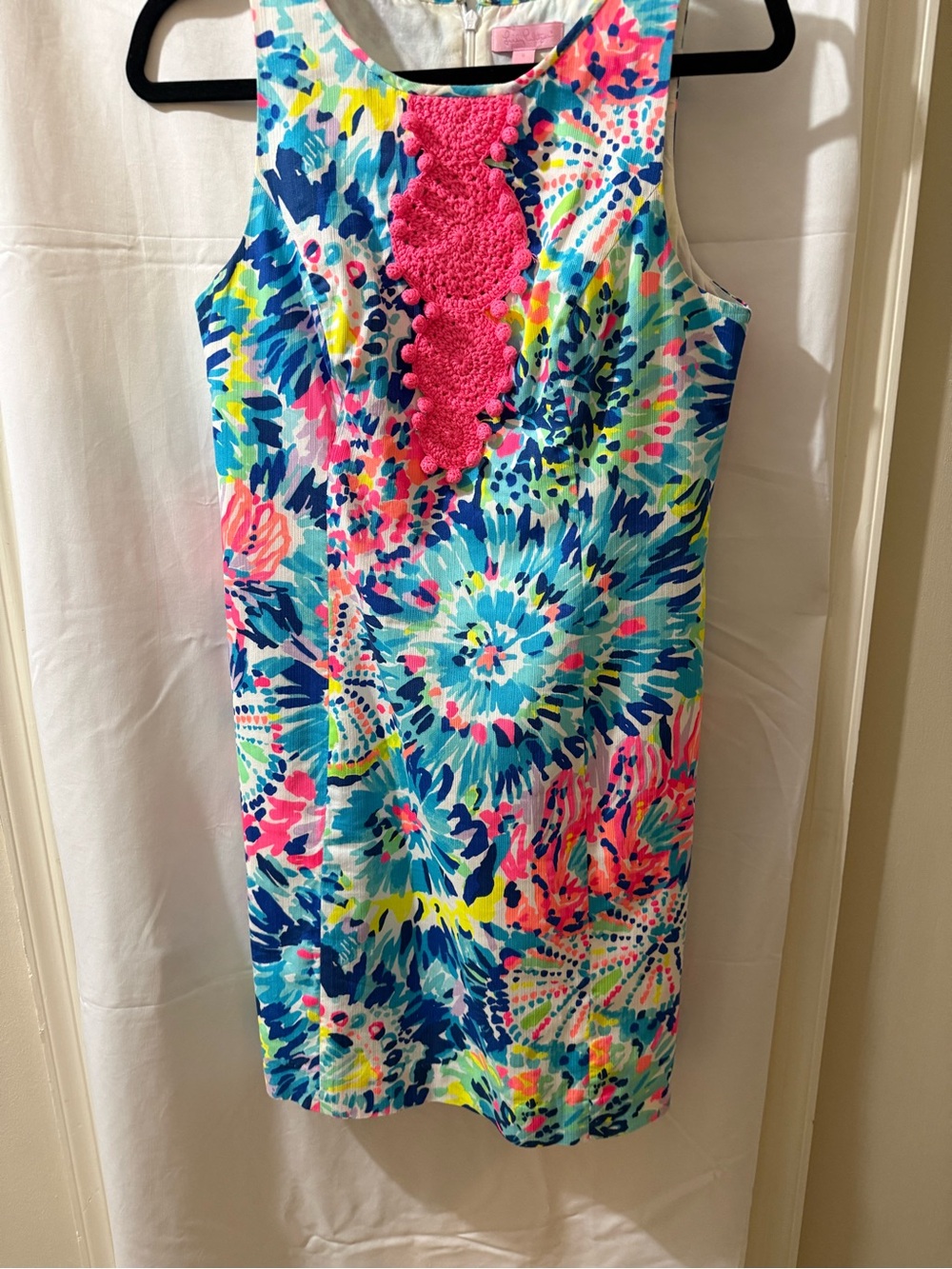 Lilly Pulitzer Adara Multicolor Floral Shift Dress with Hot Pink Crochet Panel